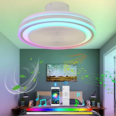 Imagem de Ventiladores de teto invisíveis com controle remoto Luzes de teto LED reguláveis RGB Ventilador de teto silencioso com mudança de cor com luzes Alto-falante Bluetooth Ventilador lustre ultra