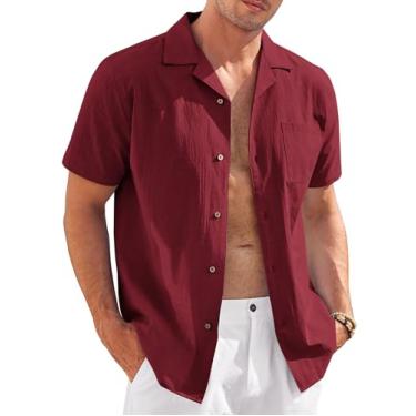 Imagem de COOFANDY Camisa masculina casual de linho de algodão manga curta abotoada verão praia top, Vinho tinto, P