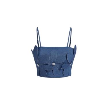 Imagem de BEAUDRM Camiseta regata feminina com estampa floral 3D sem mangas franzida e alças finas, Azul, M
