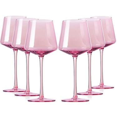 Imagem de comfit Conjunto de 6 taças de vinho rosa - Taças de vinho coloridas de cristal com haste longa e aro fino, taças de vinho coloridas modernas para casamento, aniversário, aniversário de 40 g (rosa)