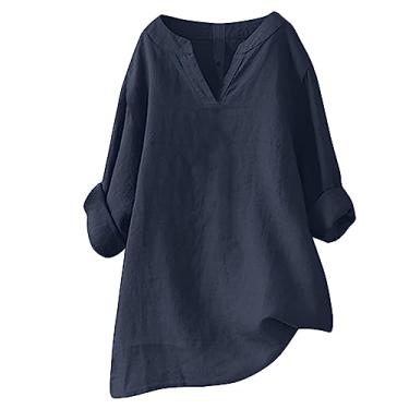 Imagem de Vestido feminino plus size de linho de algodão com gola V, blusa casual primavera verão para usar com leggings, Azul-marinho, 3G