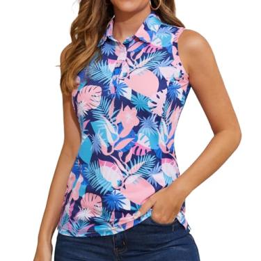 Imagem de Casei Camisetas polo femininas de golfe sem mangas FPS 50+ secagem rápida com gola regata atlética, Estampa tropical azul, M