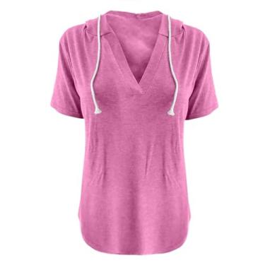 Imagem de Camiseta feminina plus size verão gola V esportiva solta com capuz manga curta túnica longa, Rosa choque, GG