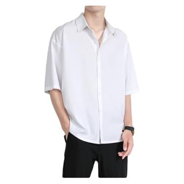 Imagem de Dressnu Camisa masculina de manga curta blusa de seda gelo de verão, Branco, P