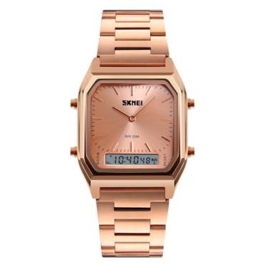 Imagem de Gosasa Relógio de pulso feminino masculino quadrado multifunções com mostrador duplo, pulseira de aço inoxidável, analógico, relógios esportivos, Z, ouro rosa, Digital