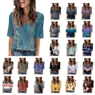 Imagem de PKDong Camiseta feminina de verão de manga curta com gola V, estampa floral, gradiente, túnica casual, blusas modernas 2024, A01 Azul claro, M