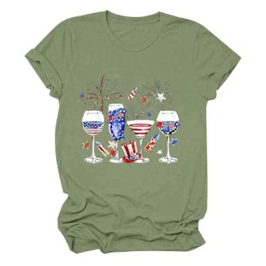 Imagem de Camiseta feminina com a bandeira americana 4 de julho com estampa de vinho, manga curta, patriótica, gola redonda, Verde menta, XXG
