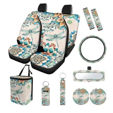Imagem de Suobstales Conjunto de 13 capas de assento de carro com estampa de mandala Boho Dragonfly com capa universal para volante, capa de espelho retrovisor, lata de lixo de carro, almofadas de cinto de