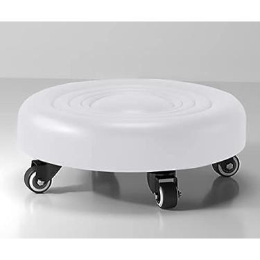 Imagem de Tamborete pequeno com rodas giratórias, assentos de couro PU cadeira para troca de sapato, banco de assento de rolo baixo para home office fitness ao ar livre, branco
