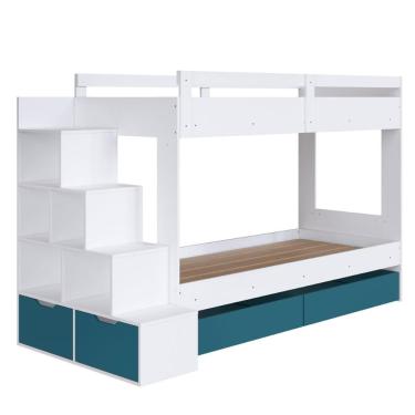 Imagem de Beliche Infantil com Escada, Nicho e Gavetas Branco com Azul