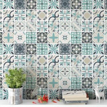 Imagem de Papel De Parede Ladrilho Azulejo cozinha Em Tons De Azul E Bege - PAPE