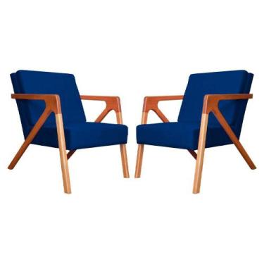 Imagem de Conjunto 2 Poltronas Monalisa Com Braços de Madeira Suede Azul Marinho