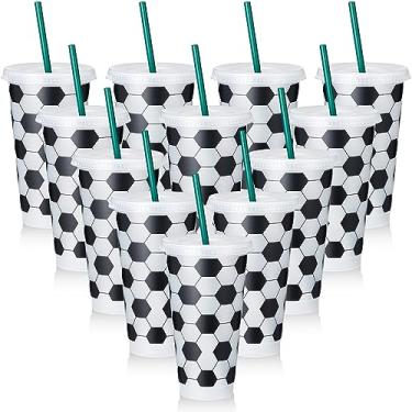 Imagem de Uiifan 12 peças de copo de plástico com tampa e copos temáticos de palha 680 g copos reutilizáveis presentes para crianças, homens, mulheres, artigos de festa de aniversário, lembrancinhas (futebol)