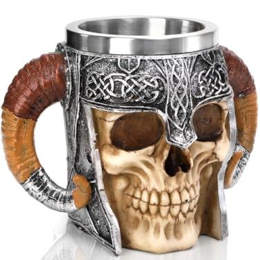 Imagem de Tlence Caneca de caveira de aço inoxidável, copo viking de Halloween de 510 g, caneca de cerveja grande de resina de esqueleto com alças duplas, decoração medieval de bar para café, chá, presentes