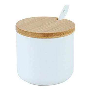 Imagem de RockTrend Pote de tempero de cerâmica de cor pura simples pote de condimento açucareiro com tampa e colher de bambu