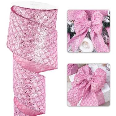 Imagem de LIZLOVESS Fita de Natal rosa de 10 cm com fio de malha brilhante para árvore de Natal fita de favo de mel de diamante rosa para embrulho de presente, artesanato, suprimentos de grinalda, guirlanda,