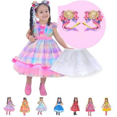 Imagem de Vestido Festa Junina Luxo Várias Cores + 2 Enfeite Cabelo + Saia Armaç