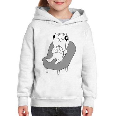 Imagem de Moletom Infantil Gatinho Ouvindo Música - Foca na Moda, Branco, 12