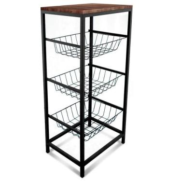 Imagem de Fruteira De Cozinha De Chão Montreal Em Aço E Mdf 3 Cestos Preto e Vil