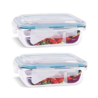 Imagem de Kit 2 Potes Vidro Hermético Retangular com Divisória Trava Mais 640ml - Quality House