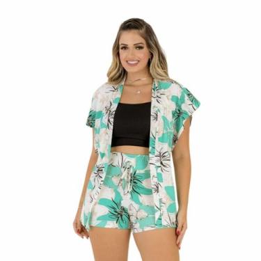 Imagem de Conjunto Feminino Estampado 3 Pç Short Cropped e Kimono 0379 - Bellucy