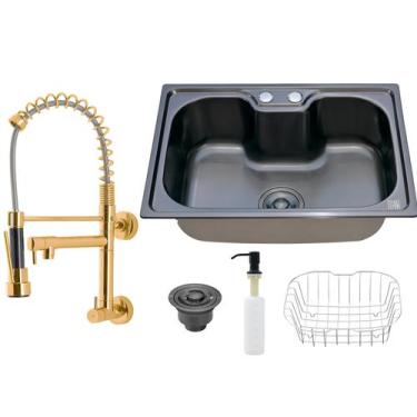 Imagem de Kit Cuba Cozinha Gourmet Aço Inox Preta C/ Torneira Parede - Holtter H