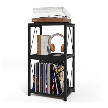 Imagem de Y&M Suporte para toca-discos de 3 níveis com armazenamento de discos de vinil, suporte para toca-discos para álbum, suporte de toca-discos, mesa de canto para quarto, sala de estar, preto