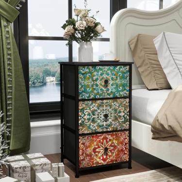 Imagem de GiftGo Cômoda retrô com gavetas de tecido, cômoda boêmia, mandala, flor, torre de armazenamento estreita para espaços pequenos, quarto, linda mesa de cabeceira para sala de estar (Mandala, 3 gavetas)