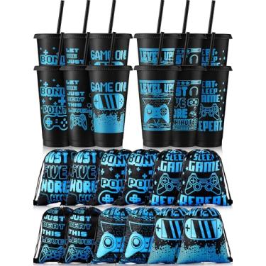 Imagem de Mifoci 24 peças de lembrancinhas de festa de videogame, 12 copos de plástico de videogame com tampas e canudos e 12 mochilas com cordão, bolsa reutilizável de 680 g para festa de jogos (azul, preto)