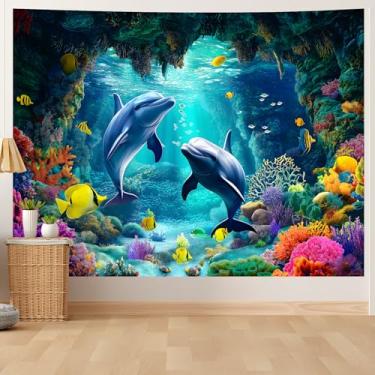 Imagem de AOHMPT Tapeçaria Mundo Subaquático - Decoração de Parede de Peixe Tropical Oceano Azul e Aquário - Peixe do Mar Profundo para Quarto, Dormitório e Sala de Estar 200,7 cm C x 149,9 cm L