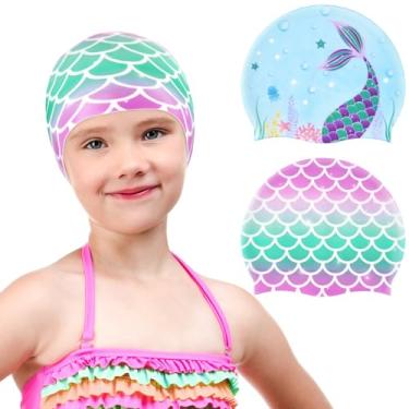 Imagem de Touca de natação infantil de silicone durável sereia para meninos e meninas, touca de natação à prova d'água para cabelos longos e curtos para manter o cabelo seco