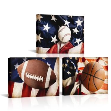 Imagem de Canvbay 3 peças de arte de parede em tela esportiva vintage beisebol basquete futebol americano na bandeira americana impressões de imagem para homem caverna crianças decoração de quarto de menino 12