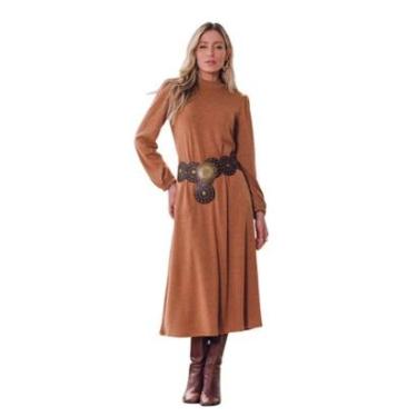 Imagem de Vestido Midi Matuta Essencial Em Tricot Mangas Longas Marrom Tam. 42-Feminino