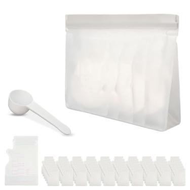 Imagem de Conjunto de recipientes de viagem de proteína em pó – 60 sacos descartáveis com bolsa de armazenamento e colher | Design à prova de vazamento para academia, exercícios, viagens | Solução de