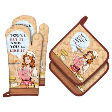 Imagem de Arquiel Conjuntos retrô de luvas de forno e suportes de panela para dona de casa, 4 peças, 100% algodão, resistentes ao calor, luvas de forno extralongas para cozinha, cozinha, decoração de