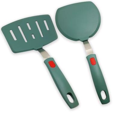 Imagem de Conjunto de 2 espátulas de silicone, espátulas de panqueca resistentes ao calor para panelas antiaderentes, espátula de cozinha com fenda larga para omelete, ovo peixe, fina, flexível para uso na