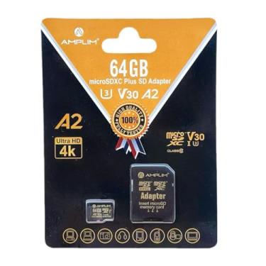 Imagem de Amplim Cartão Micro SD 64 GB | Adaptador de Memória MicroSD Plus | A2 MicroSDXC U3 Classe 10 V30 UHS-I para Nintendo, GoPro Hero, Surface, Telefone, Câmera de Câmera, Tablet | Preto