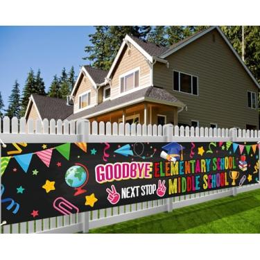 Imagem de HOWAF Goodbye Elementary School Next Stop Middle School Fence Banner, banner de placa de pátio de graduação da quinta série para decoração de festa de graduação da escola primária, faixa de cabine de