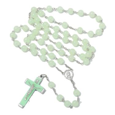 Imagem de KIMUWHI Colar de rosário católico que brilha no escuro para mulheres com contas luminosas de oração, crucifixo de Jesus e medalha de Maria - Presente de joia religiosa, Plástico, Sem Pedra Preciosa