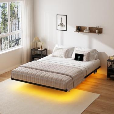 Imagem de OSASET Estrutura de cama flutuante completa com luzes LED, estrutura de cama de plataforma de metal de 25 cm com ripas de aço resistente, sem necessidade de mola de caixa, sem ruído, fácil de montar