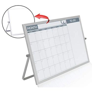Imagem de Pequeno calendário de quadro branco de dupla face - Mini quadro portátil apagável a seco com suporte e pequeno calendário mensal planejador de quadro branco com lista de tarefas reversível - 25,4 cm x
