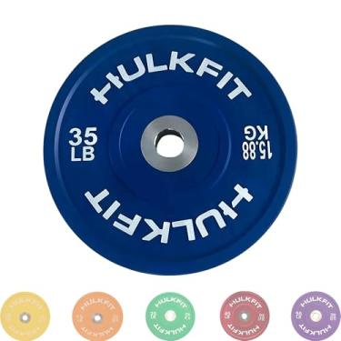 Imagem de HulkFit Placa amortecedora de borracha olímpica com código de cor de 5 cm com cubo de aço para treinamento de força, halterofilismo e crossfit, individual (16 kg), azul