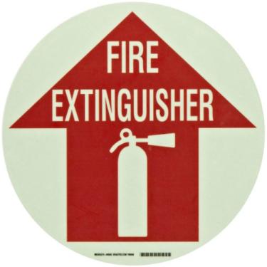 Imagem de Brady 49062 43 cm de diâmetro B-808 poliéster fosforescente com laminado antiderrapante, placa de segurança vermelha sobre piso verde, legenda "extintor de incêndio" (com imagem)