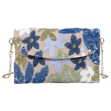 Imagem de Molodo Bolsa de mão feminina com lantejoulas brilhantes de palha bolsa transversal para praia verão viagem 2025, Azul claro, One Size