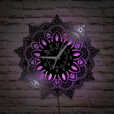 Imagem de TIMEGLOW Relógio de parede mandala de flor de lótus, 7 tipos de relógio de parede de estúdio de ioga em cor LED de 30 cm, silencioso sem tique-taque, moderno, decorativo, disco de vinil, luz noturna