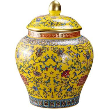 Imagem de Jarra de gengibre chinoerie, ornamentos de porcelana - jarro decorativo de cerâmica azul com tampa para decoração de casa tradicional, chá, frutas secas e armazenamento de cereais, amarelo,