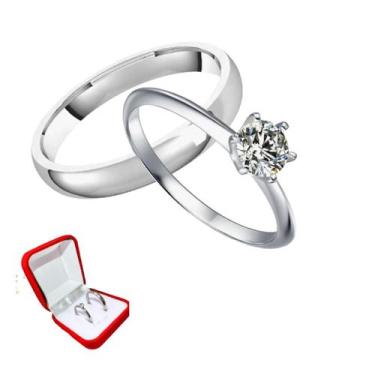 Imagem de Aliança Prata 3mm Compromisso Aço 316 + Anel Prata Solitario 2mm Pedra