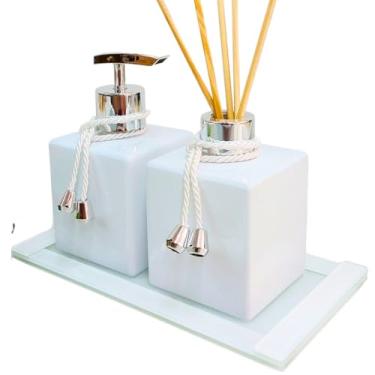 Imagem de Kit lavabo branco preto aromatizador jogo de banheiro kit de acessorios porta sabonete liquido