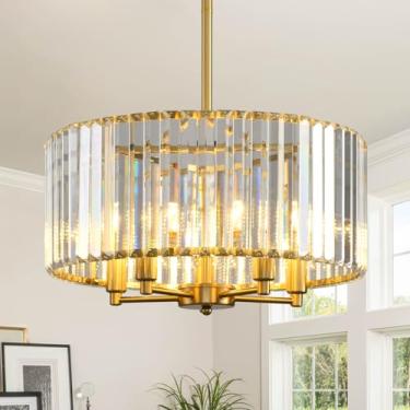 Imagem de KELUOLY Lustres De Cristal Modernos Drum, Luminária Pendente Teto Redonda Luxuosa Dourada 5 Luzes, Iluminação Estilo Fazenda 17,7" Para Quarto, Sala Jantar, Cozinha, Ilha, Estar, Entrada E Bar