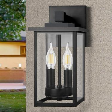 Imagem de tjjsllhbe Luminária De Parede Externa Preta Fosca Com 2 Luzes - À Prova D'Água Ip65 Para Varanda, Garagem, Pátio, Durável Metal E Vidro Soquete E12
